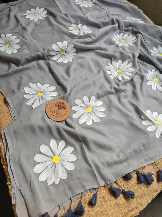 Ashen Daisy Hand-Painted Saree