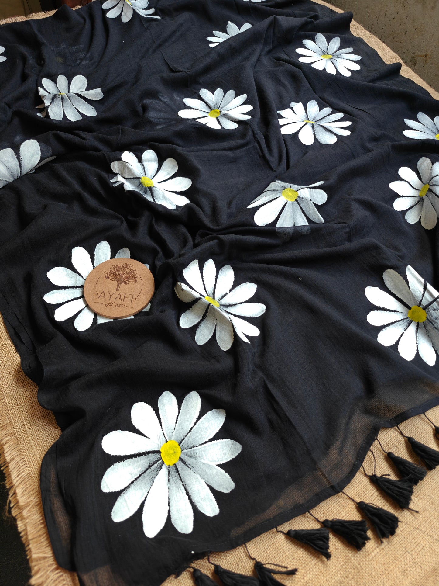 Midnight Daisy Hand-Painted Saree