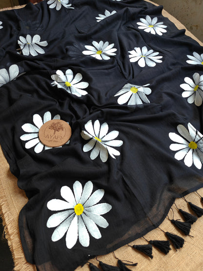 Midnight Daisy Hand-Painted Saree