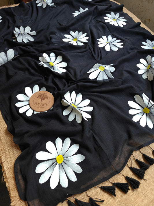 Midnight Daisy Hand-Painted Saree