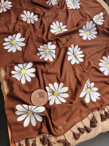 Brown Daisy Hand-Painted Saree