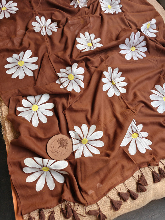 Brown Daisy Hand-Painted Saree
