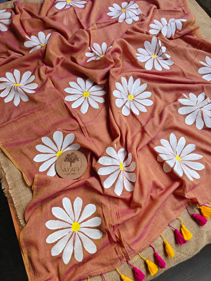 Peachy Daisy Hand-Painted Saree