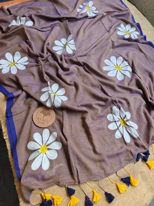 Smoky Blue Daisy Hand-Painted Saree