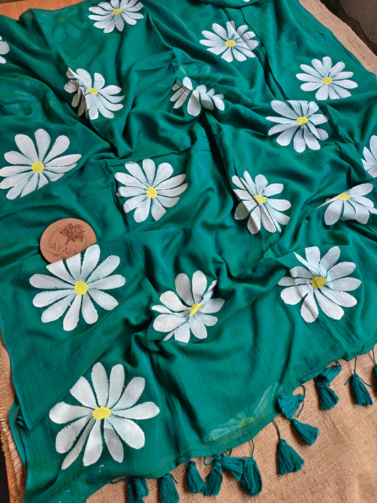 Pine Green Daisy Hand-Painted Saree