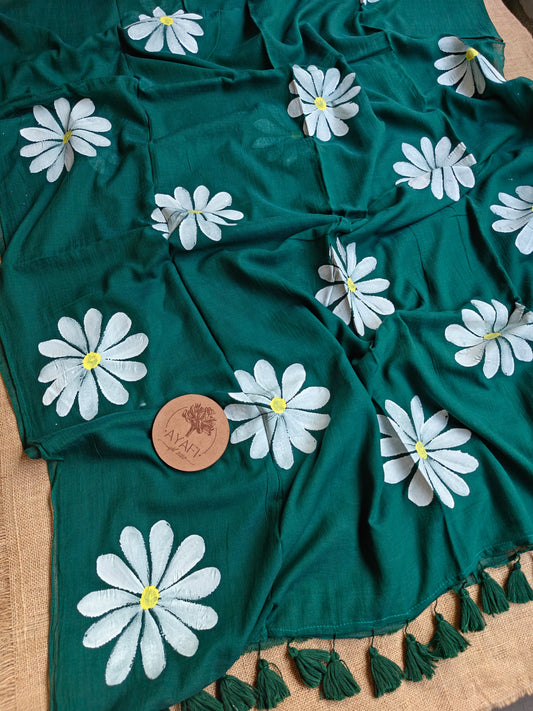 Emerald Green Daisy Hand-Painted Saree