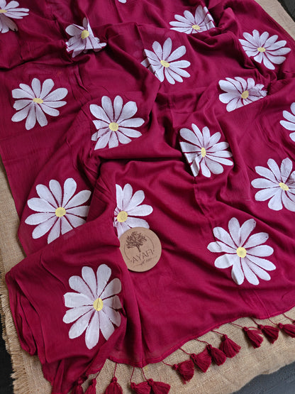 Carmine Daisy Hand-Painted Saree