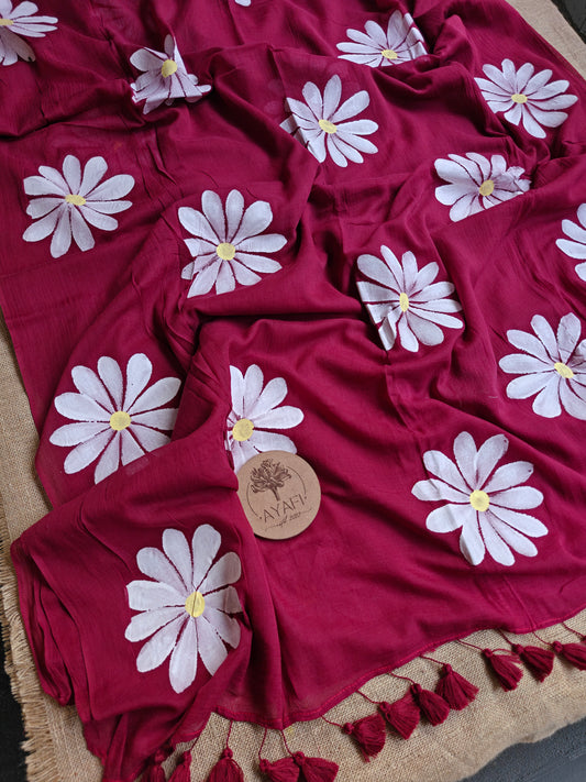 Carmine Daisy Hand-Painted Saree