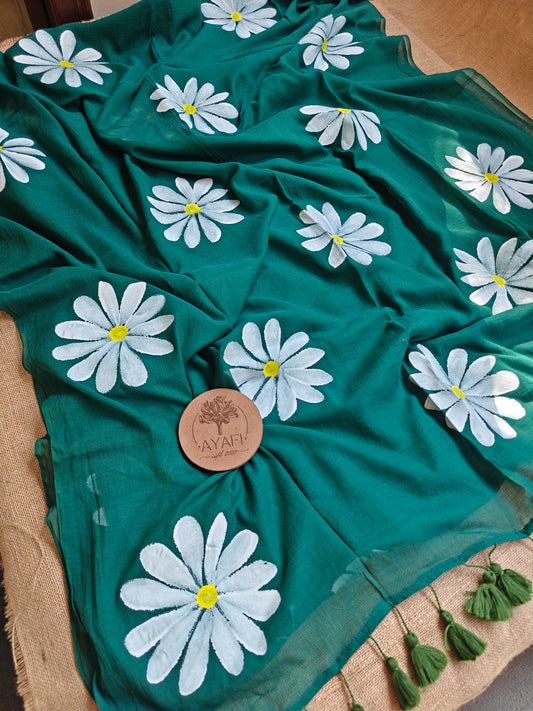Forest Green Daisy Hand-Painted Saree