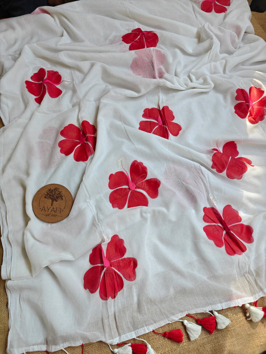 Red Hibiscus Hand-Painted Saree