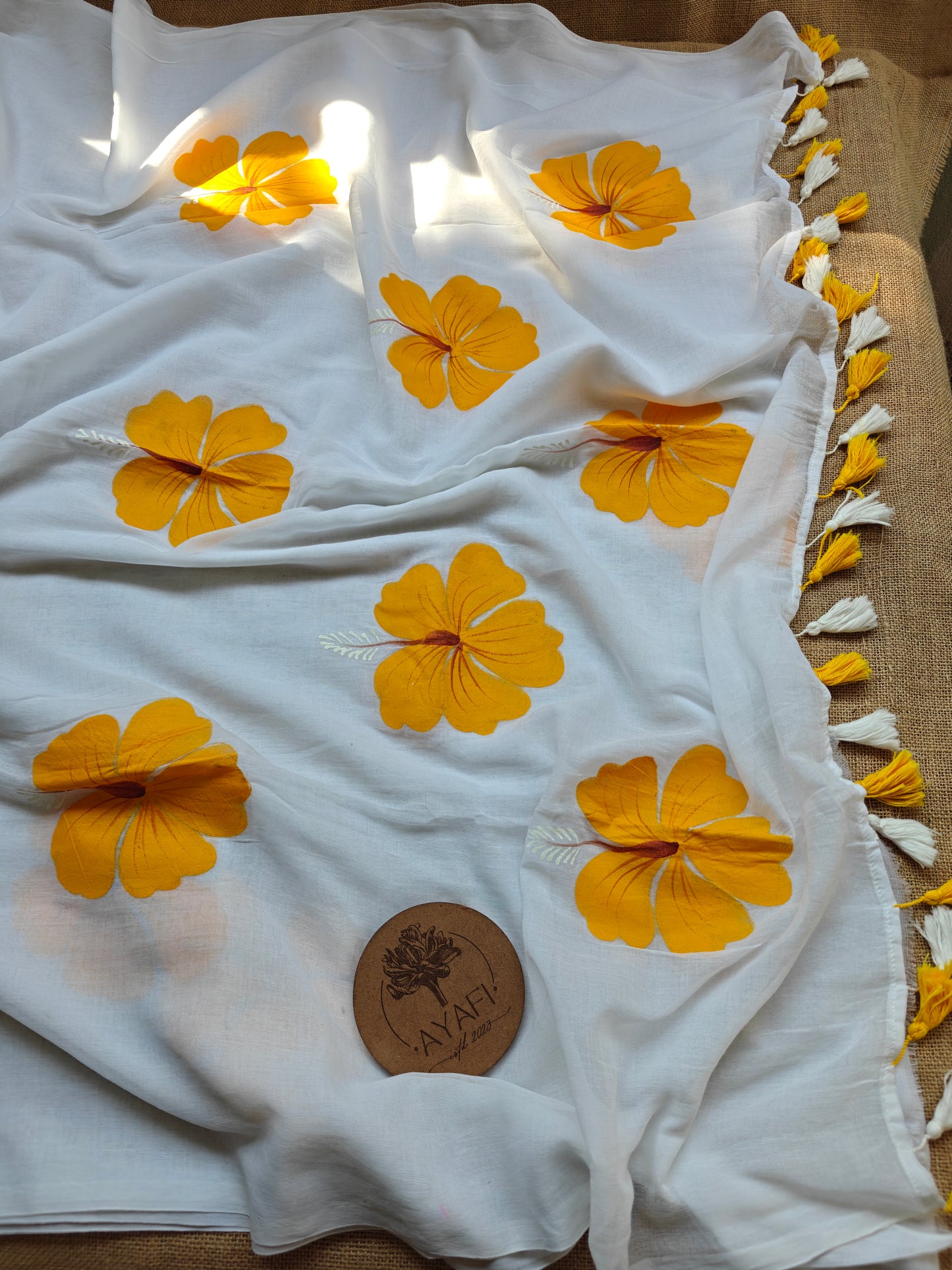 Yellow Hibiscus Hand-Painted Saree