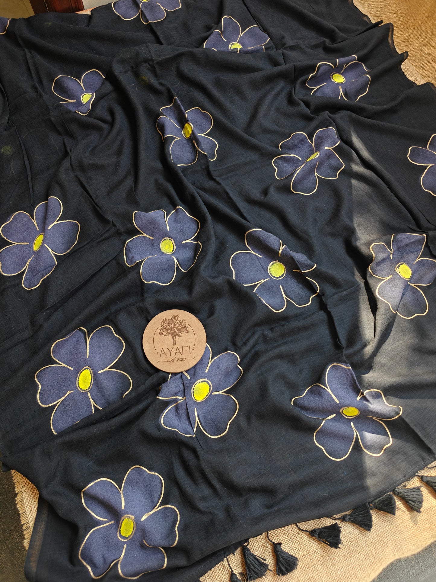 Noir Hibiscus Hand-Painted Saree