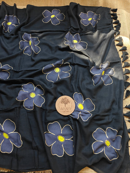 Noir Hibiscus Hand-Painted Saree