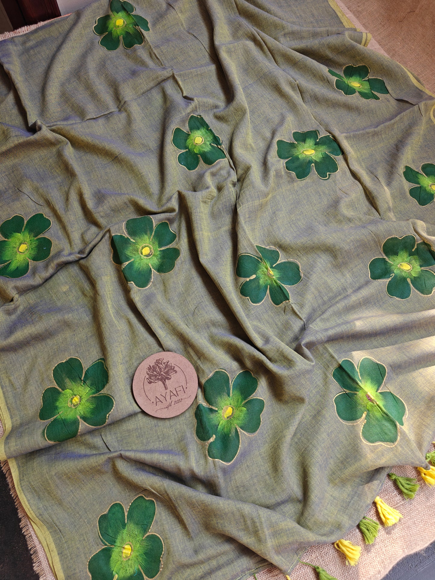 Mossy Hibiscus Hand-Painted Saree