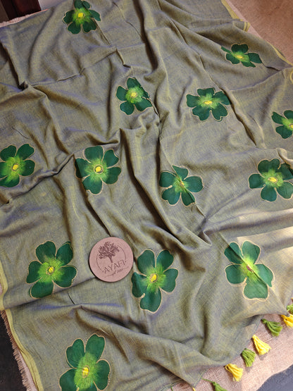 Mossy Hibiscus Hand-Painted Saree