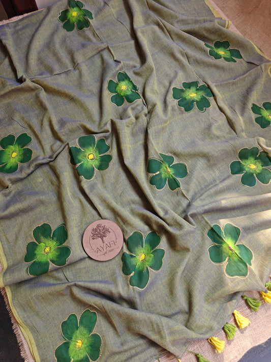 Mossy Hibiscus Hand-Painted Saree