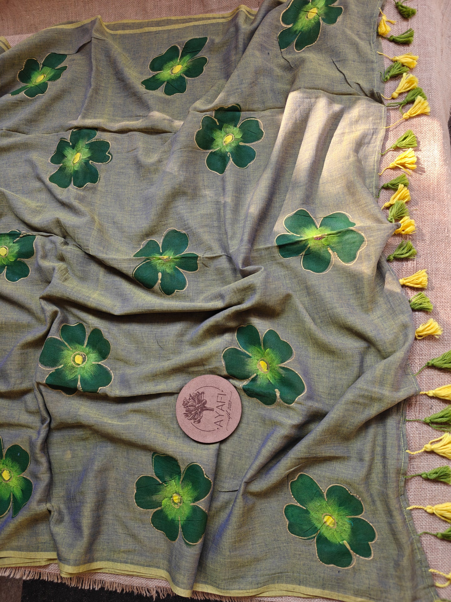 Mossy Hibiscus Hand-Painted Saree