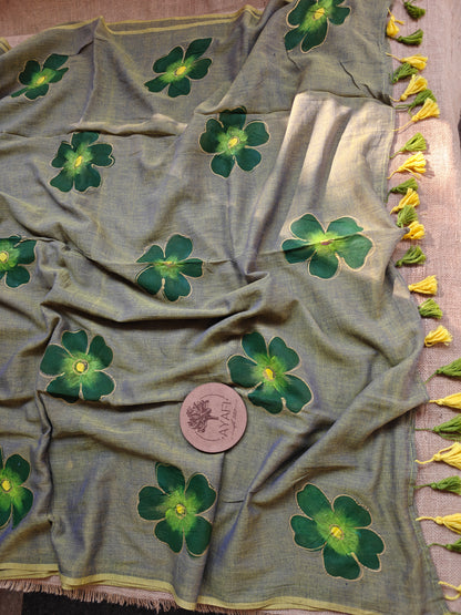 Mossy Hibiscus Hand-Painted Saree