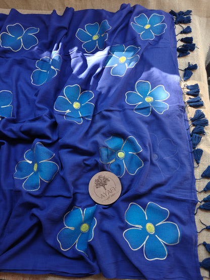 Midnight Blue Hibiscus Hand-Painted Saree