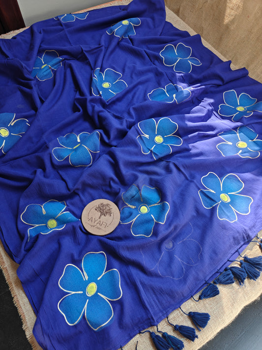 Midnight Blue Hibiscus Hand-Painted Saree