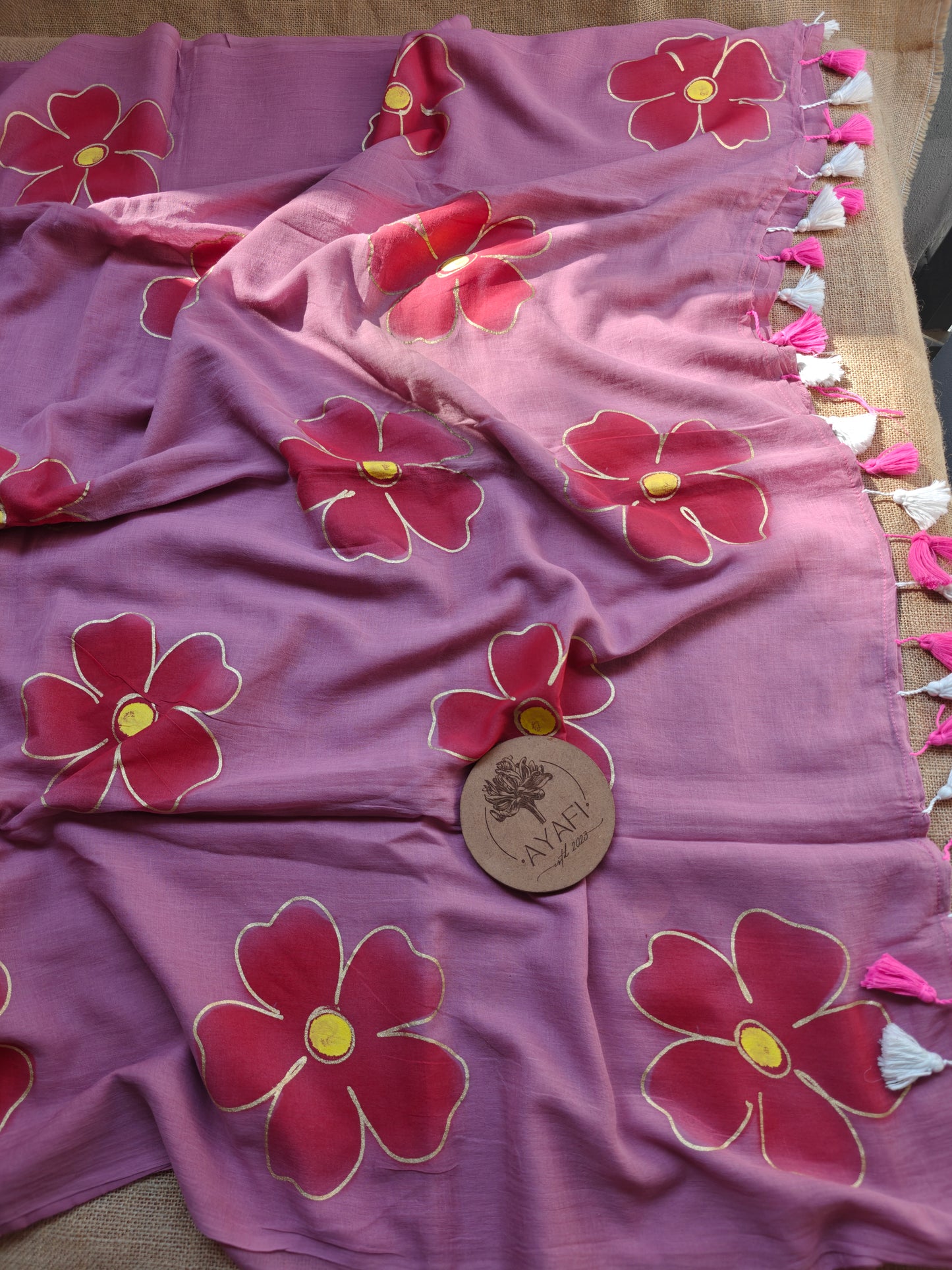 Dusty Pink Hibiscus Hand-Painted Saree