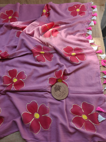 Dusty Pink Hibiscus Hand-Painted Saree