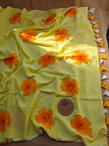 Lemon Hibiscus Hand-Painted Saree