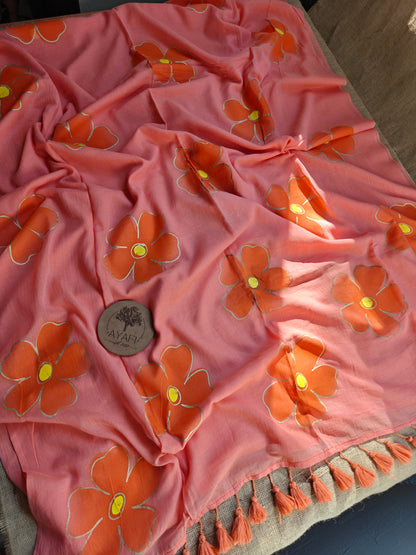 Melon Hibiscus Hand-Painted Saree