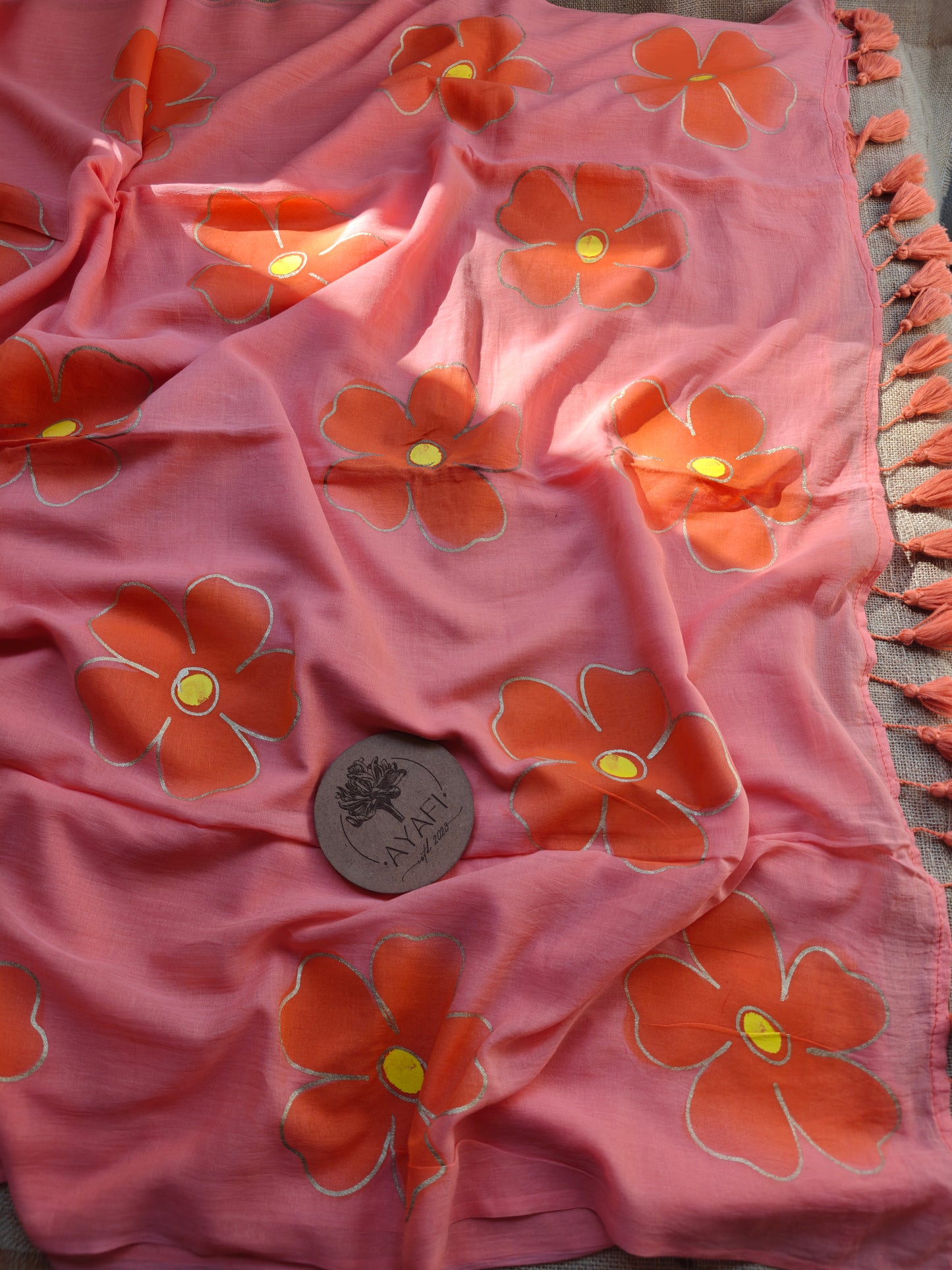 Melon Hibiscus Hand-Painted Saree