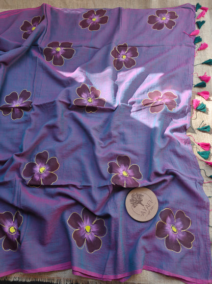 Smoked Orchid Hibiscus Hand-Painted Saree