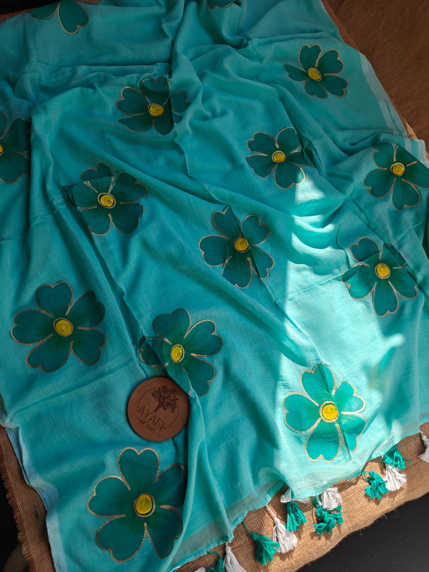 Aqua Hibiscus Hand-Painted Saree