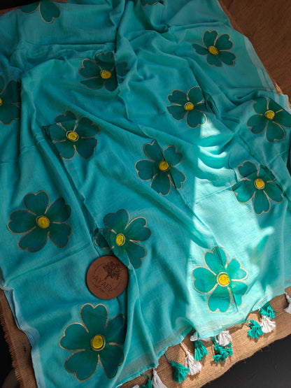 Aqua Hibiscus Hand-Painted Saree