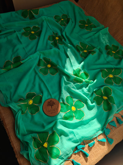 Teal Hibiscus Hand-Painted Saree