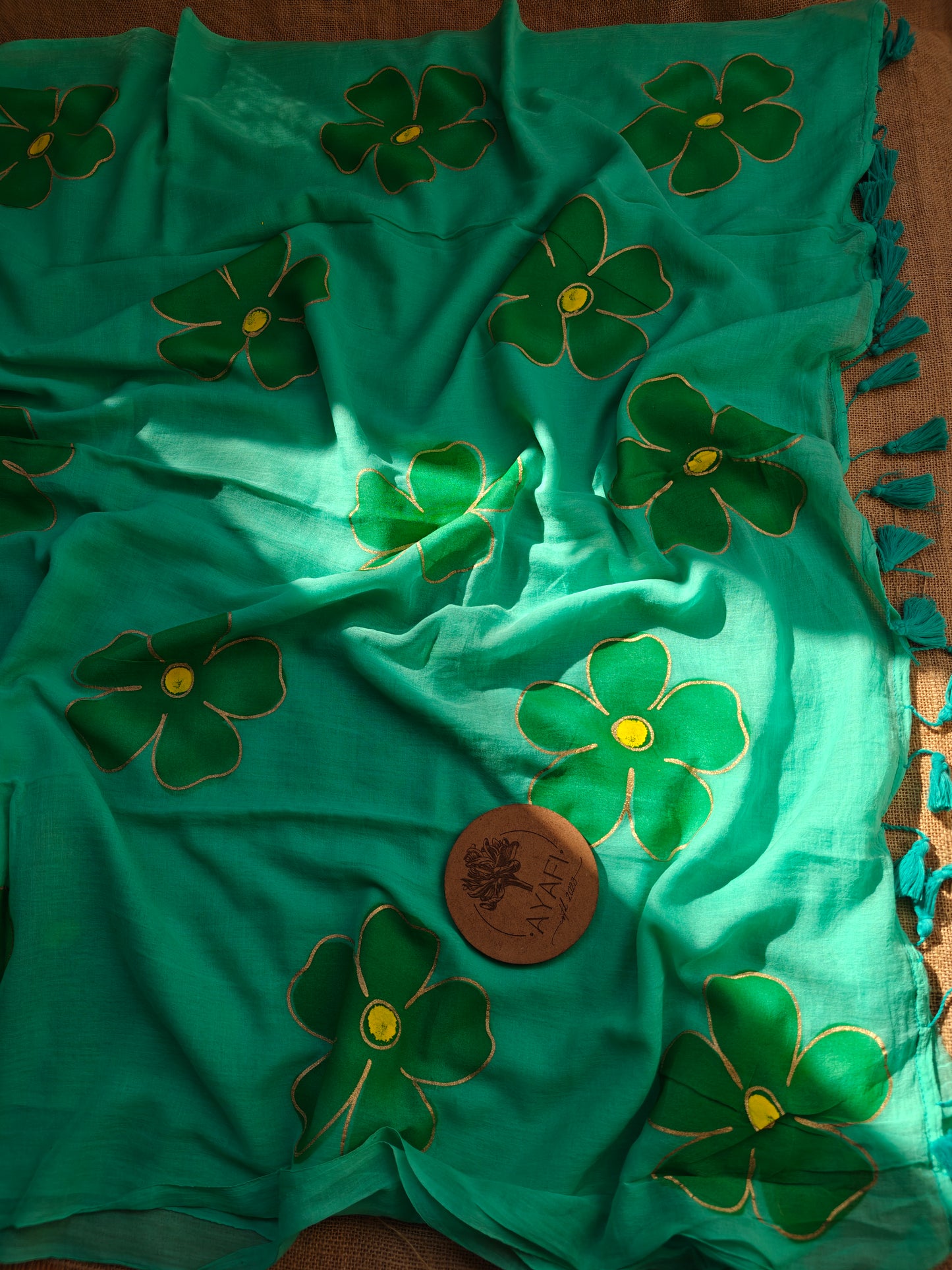 Teal Hibiscus Hand-Painted Saree