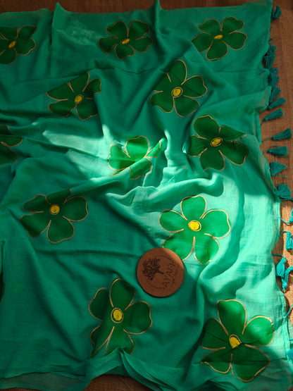 Teal Hibiscus Hand-Painted Saree