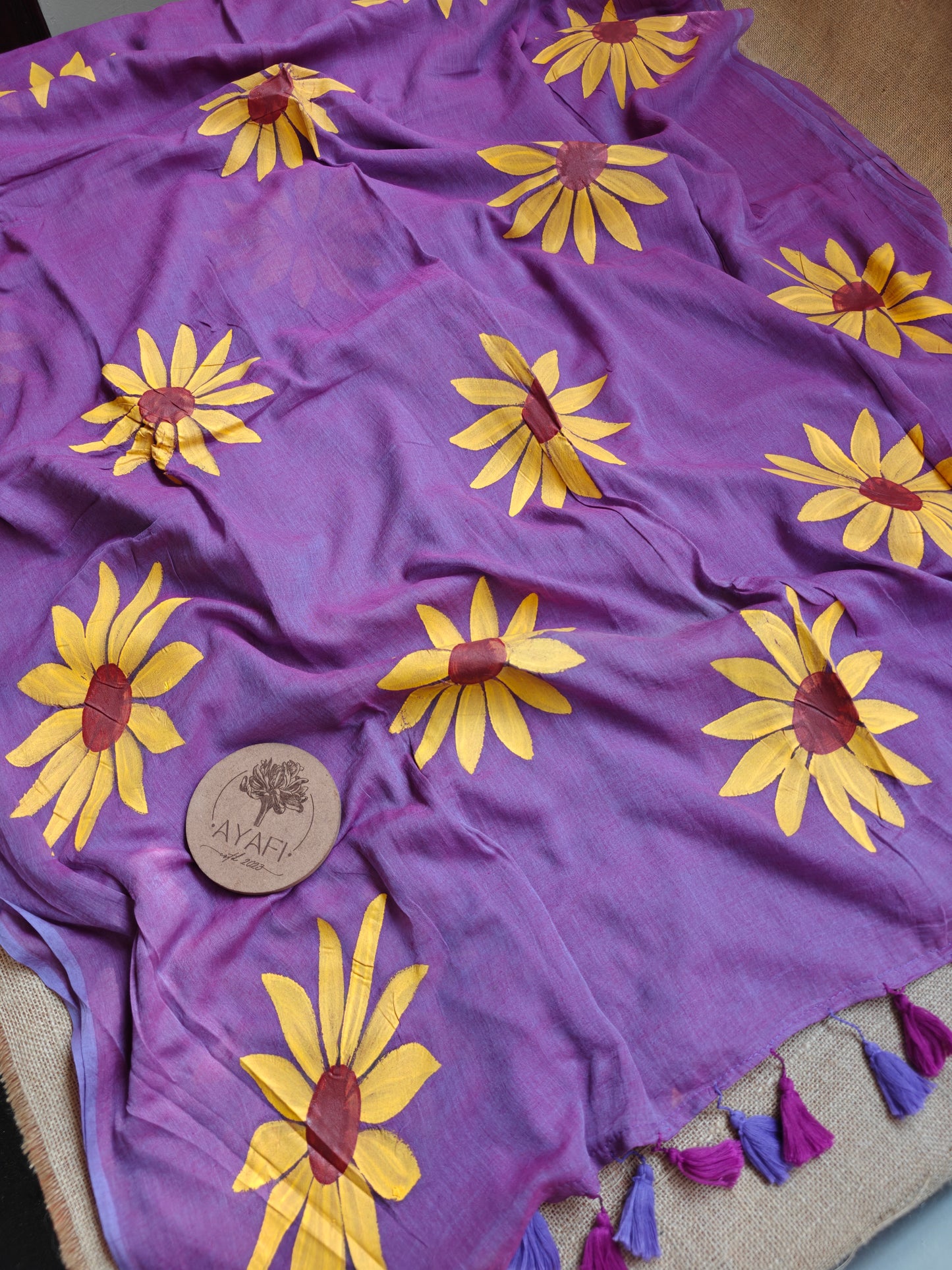 Blush Violet Sunflower Hand-Painted Saree
