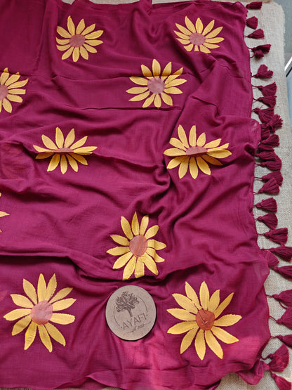 Carmine Sunflower Hand-Painted Saree