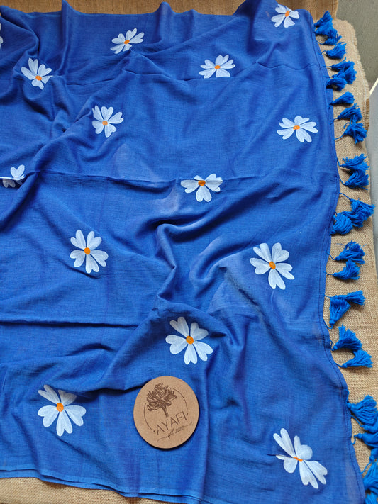 Denim Blue Jasmine Hand-Painted Saree