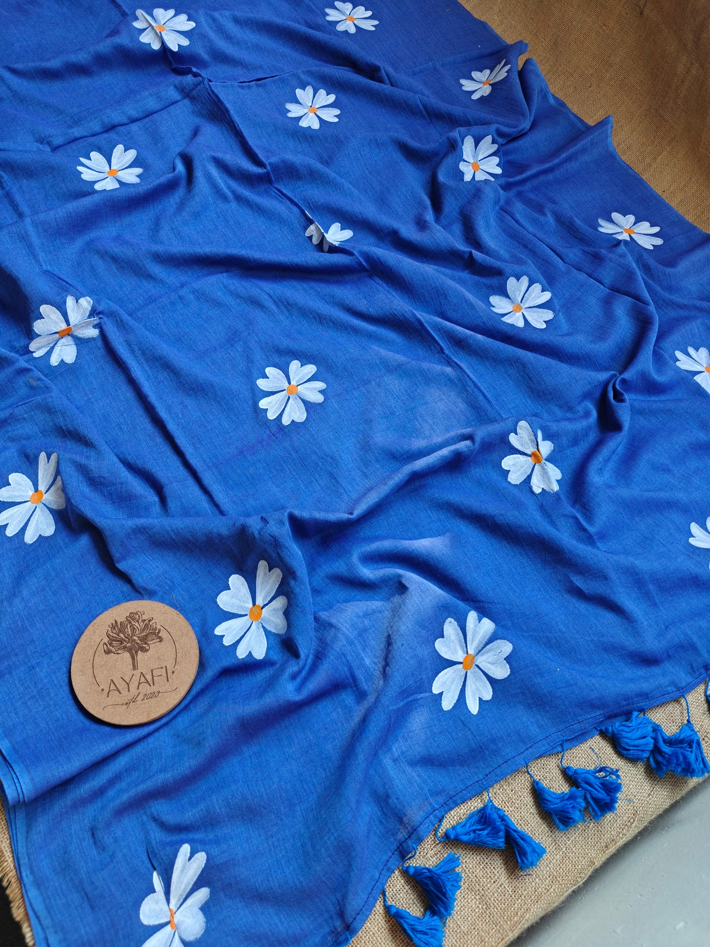 Denim Blue Jasmine Hand-Painted Saree