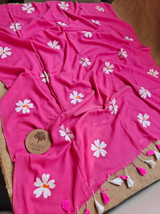 Bright Pink Jasmine Hand-Painted Saree