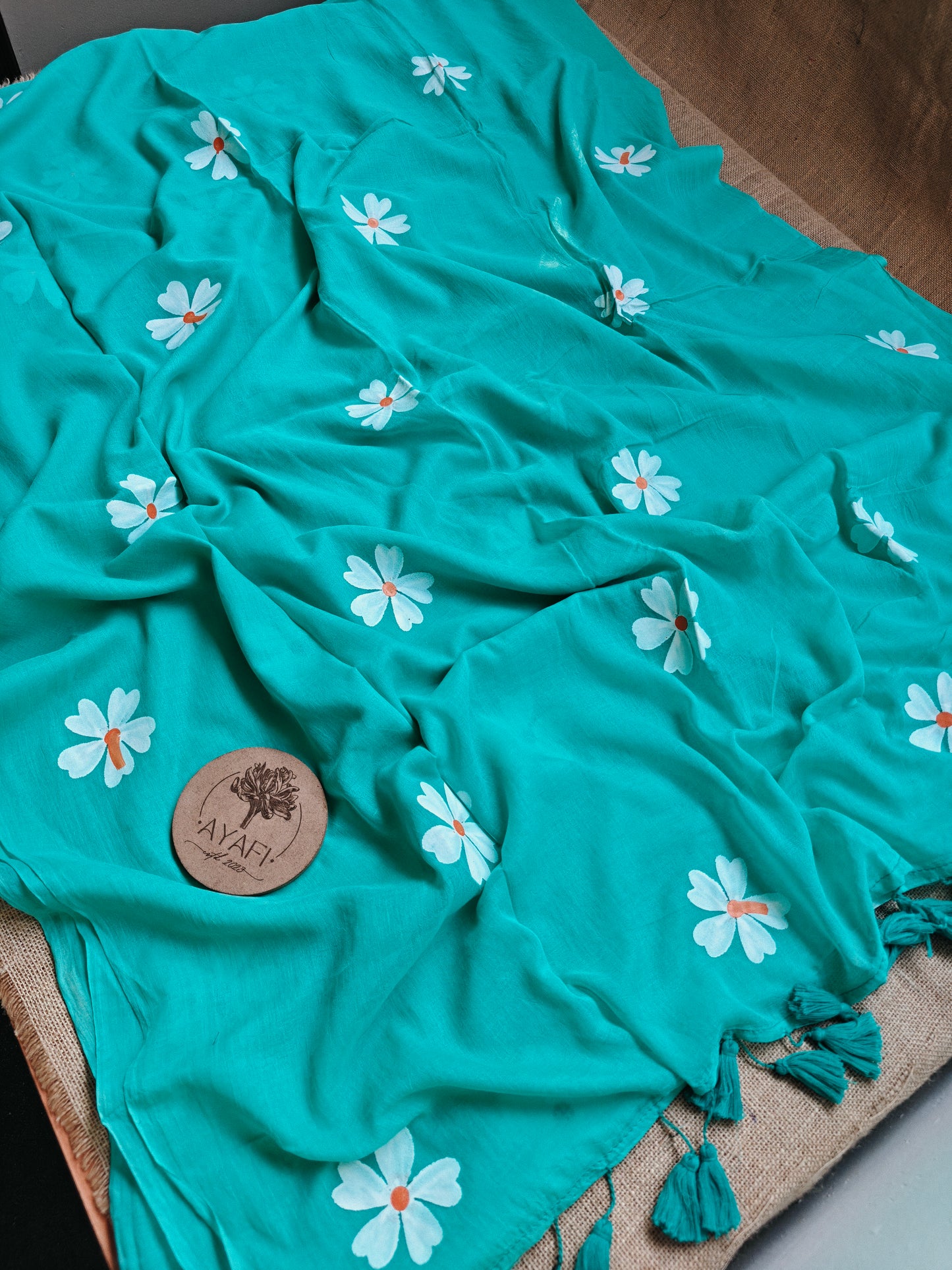 Aqua Jasmine Hand-Painted Saree