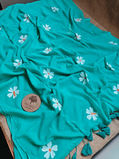 Aqua Jasmine Hand-Painted Saree