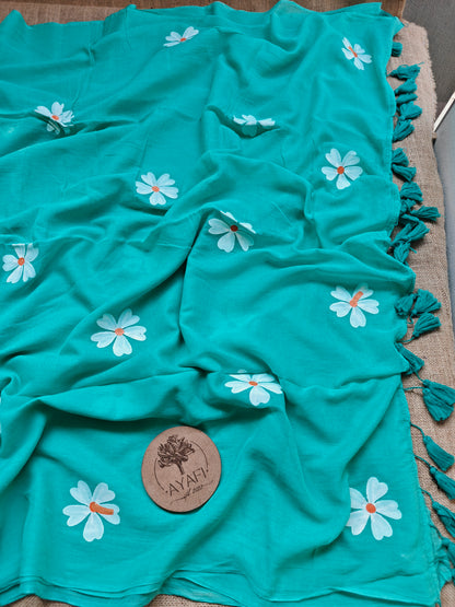 Aqua Jasmine Hand-Painted Saree