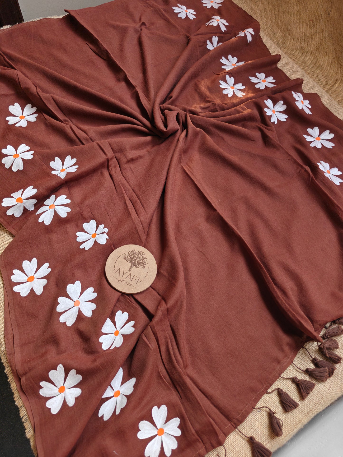 Brown Jasmine Hand-Painted Saree