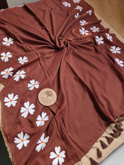 Brown Jasmine Hand-Painted Saree