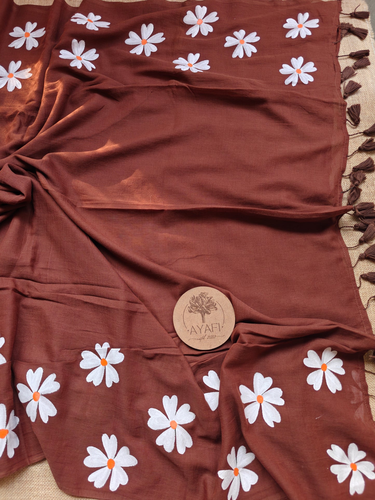 Brown Jasmine Hand-Painted Saree