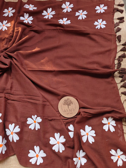 Brown Jasmine Hand-Painted Saree