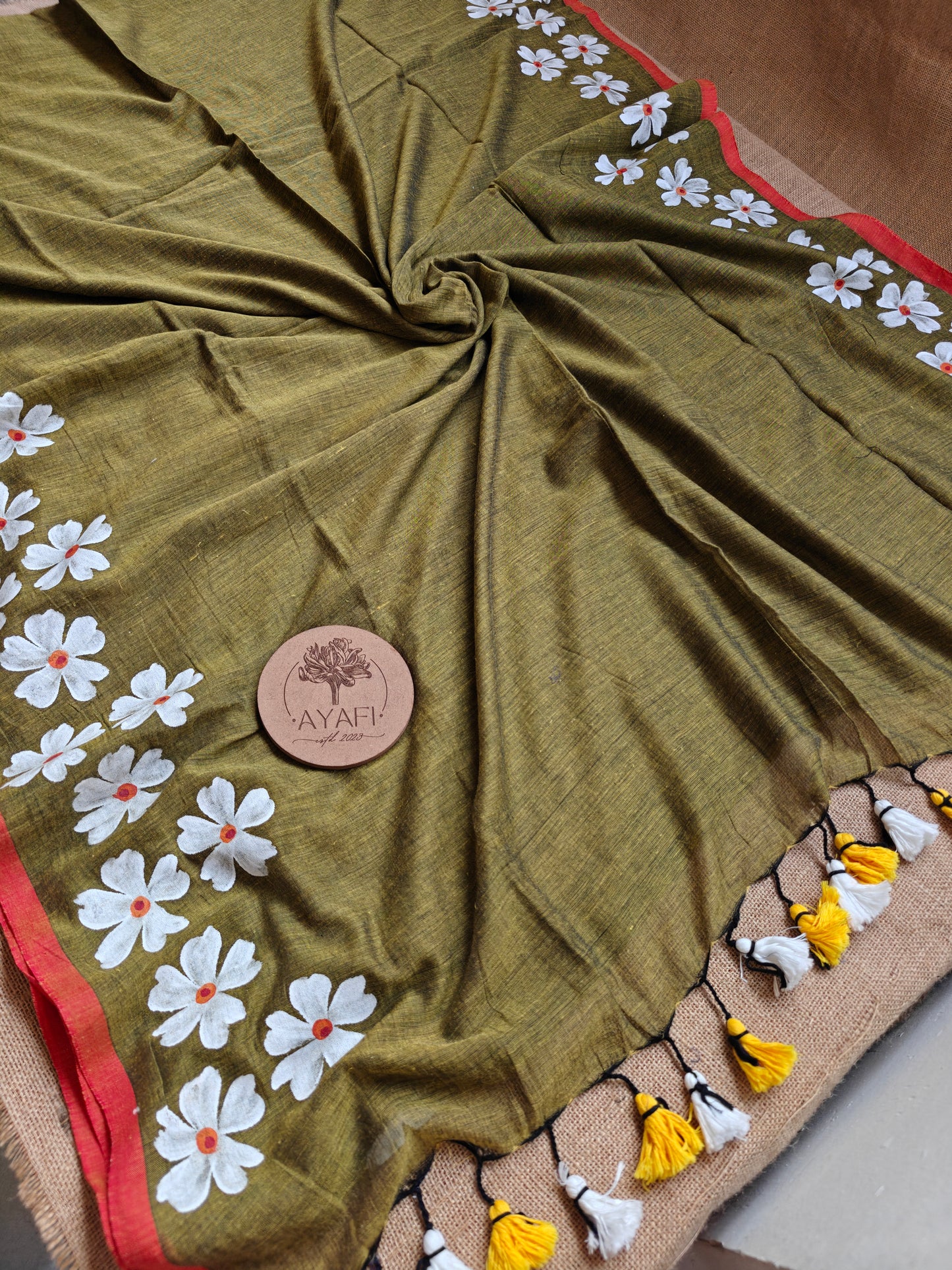 Olive Jasmine Hand-Painted Saree