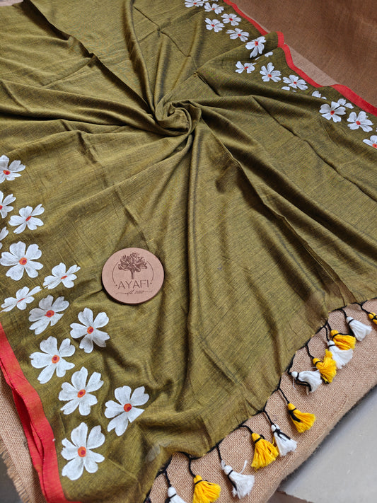 Olive Jasmine Hand-Painted Saree