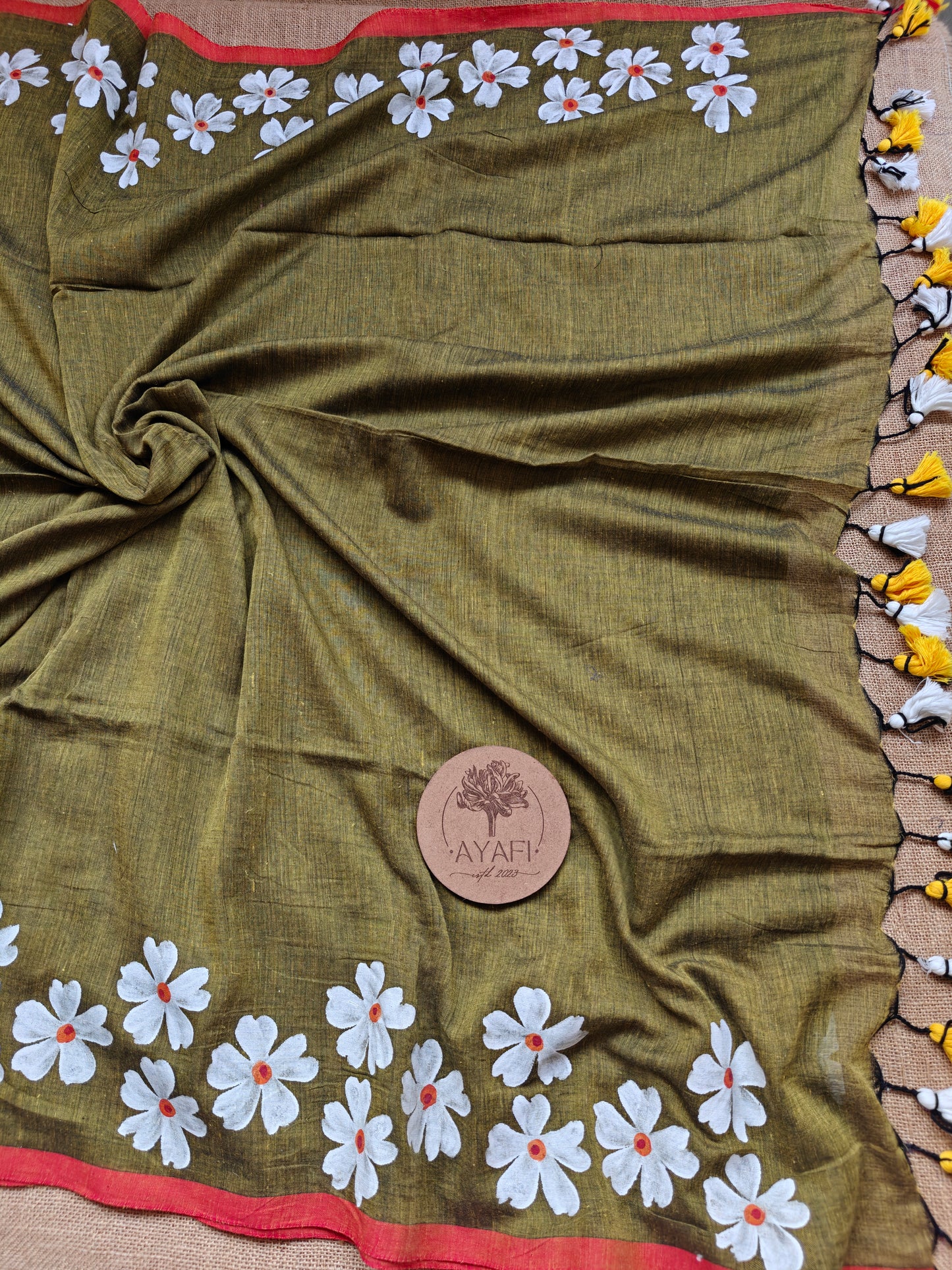 Olive Jasmine Hand-Painted Saree